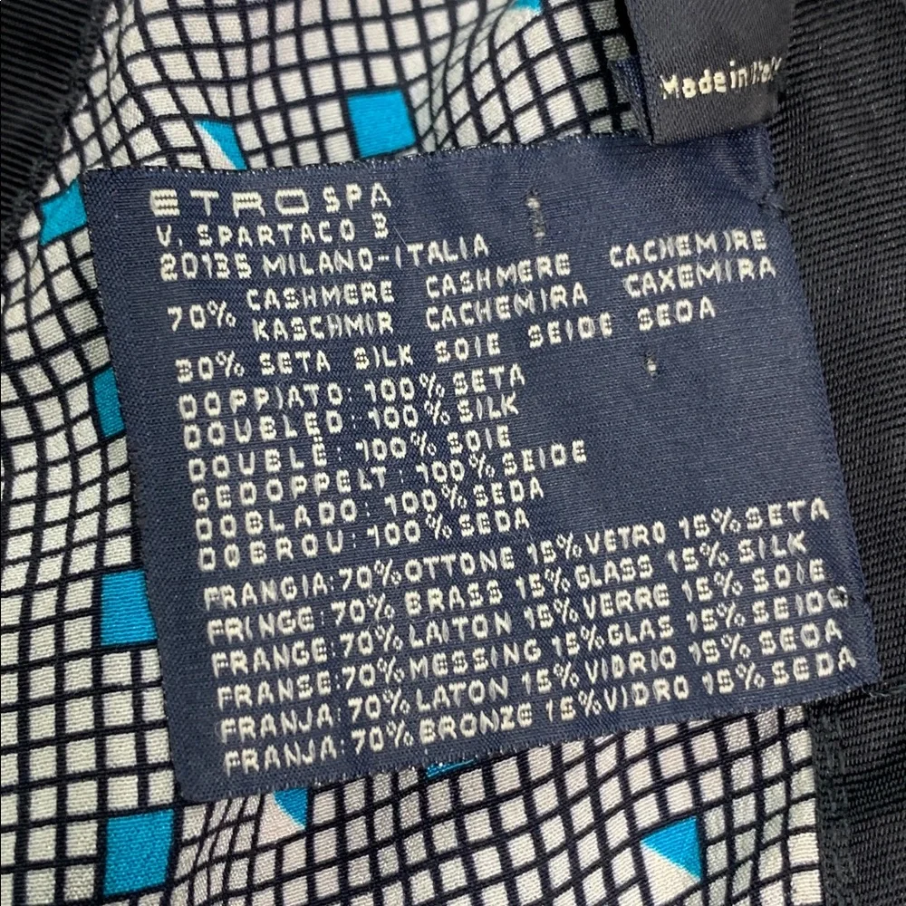 ETRO MIlano Triangular Paisley Print CASHMERE & SILK Scarf Tassel in Teal/Black - Picture 5 of 6